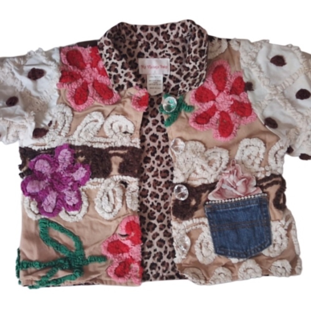 Vintage Cotton Chenile Floral Patchwork Girls Jacket Sz 4T